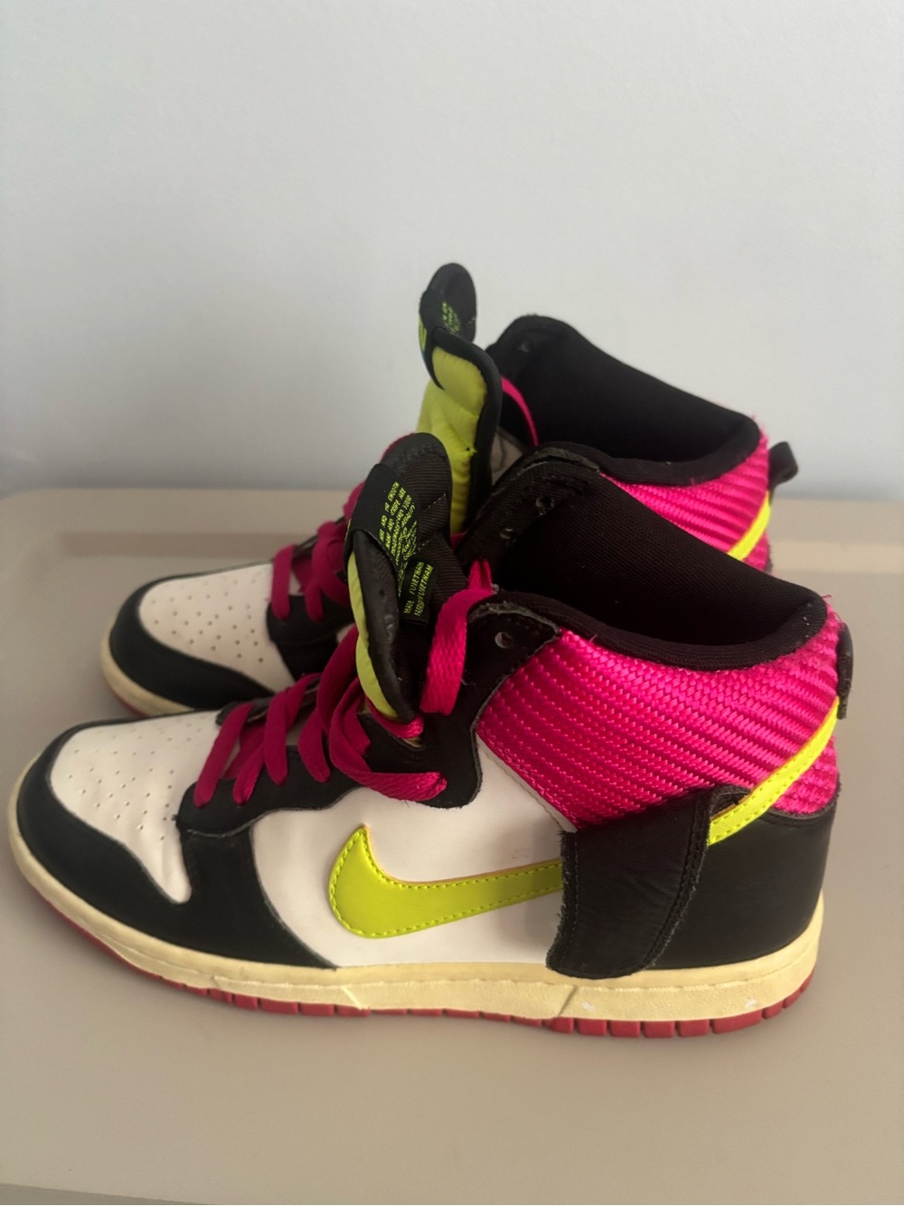 Nike High-Top Sneakers in White, Black, Neon Yellow & Hot Pink